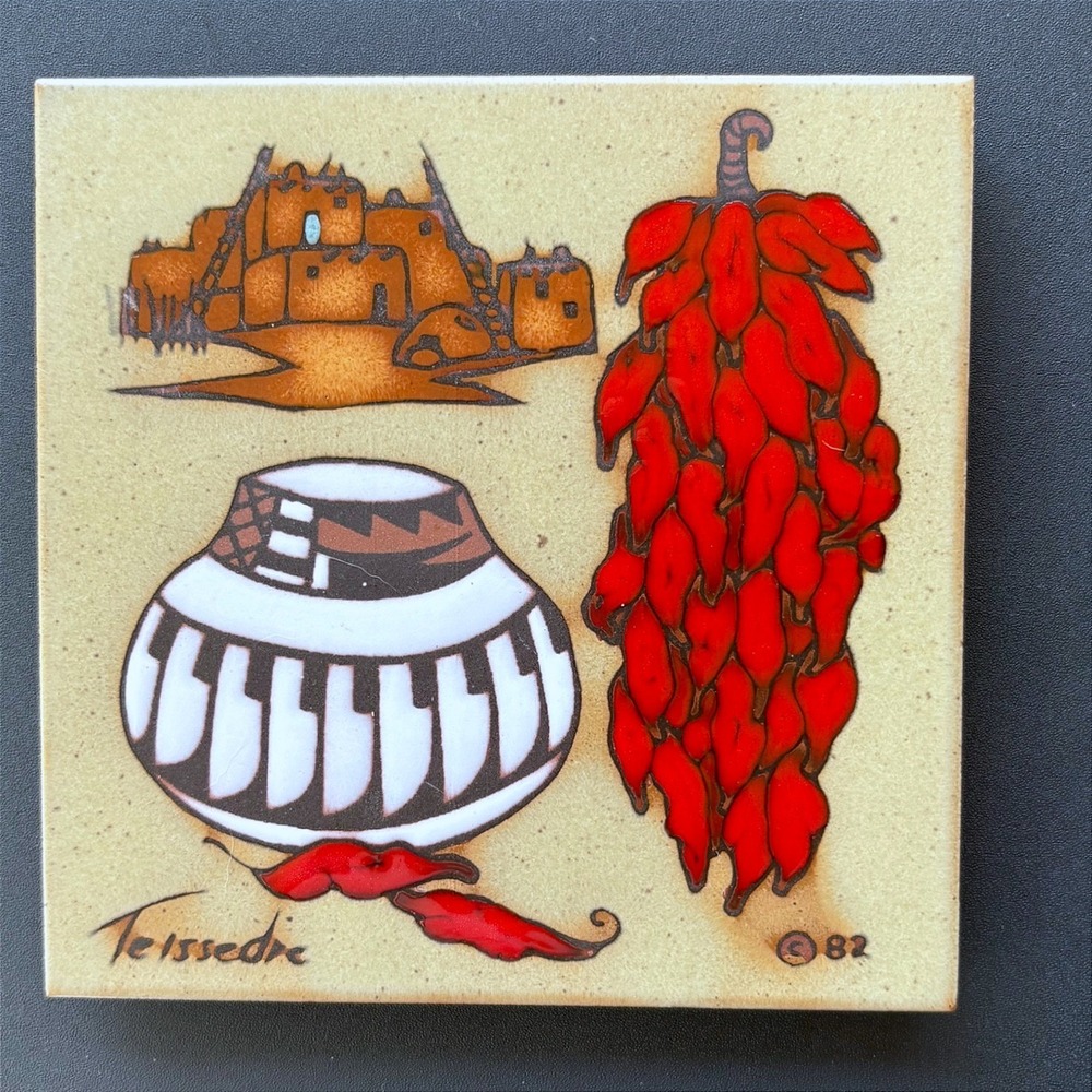 Vintage 1982 Cleo Teissedre Hand Painted Southwest Chili Ristra Ceramic Tile Art
